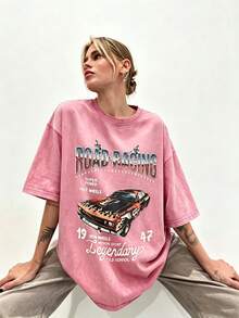 Women's Summer Casual T-Shirt, Y2K Letter & Car Print Round Neck Short Sleeve Crew Neck Tee For Holiday, Vacation, Spring Festival & Graphic Summer - Red 1 - 查看 6