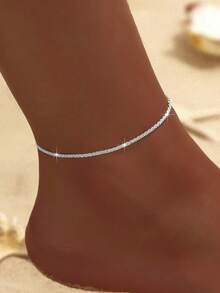 1pc Sparkling Anklet, High-End Minimalist Style, Glittering Starry Foot Chain - Silver - View 1