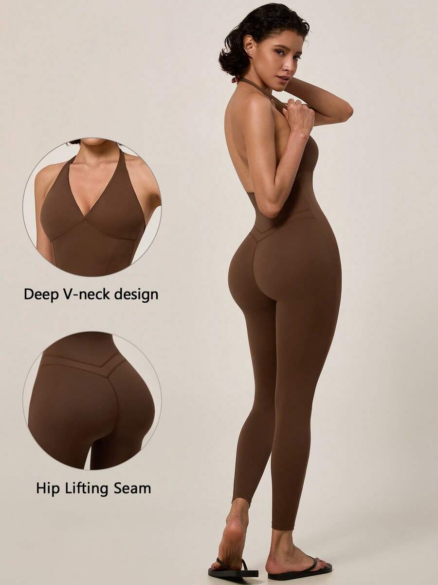 TimeOff Women's 1pc Solid Color Halter V-Neck Removable Padded Slim Fit Sports Jumpsuit - Coffee Brown - View 1