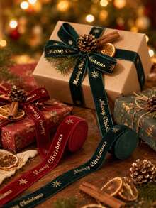 2pcs/2m Gold Merry Christmas Printed Ribbon, Luxury Metallic Fabric Satin Ribbon, Suitable For Gift Wrapping, Christmas Tree Decoration And DIY Bows, Holiday Craft Decoration Ribbon, Christmas Tree Decoration Ribbon, Gift Decoration Satin Ribbon, Christmas Wrapping Accessories - Christmas - View 4
