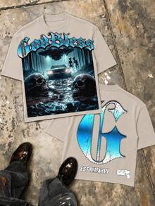 Double Sided Print UFO Alien Graphic Graphic Tee, Oversized Y2K Godbless Urban Streetwear Summer Top For Men, Father Day 4th Of July Gift - 杏色 - 查看 17