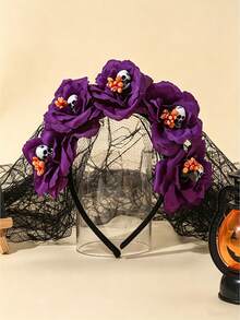 Rose Skull Flower Element - Day Of The Dead Headpiece - Halloween Flower Skull Headband - Spider Web Crown Party Hair Accessory - Multicolor - View 7