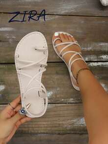 2026 New Round Toe Thin Strap Cross Elastic Back Strap Flat Sandals - Beige - View 2