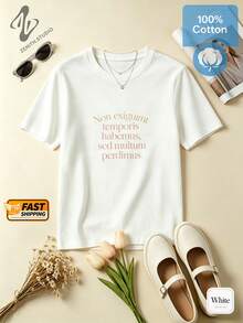 Time Philosophy Simple Retro Pure Cotton Classic Short Sentence Print Women's Short Sleeve Daily Streetwear Spring/Summer - 白色 - 查看 2