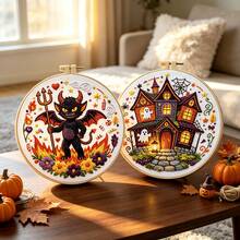 4 styles de kit de broderie 3D vintage fantastique pour Halloween, maison hantée, chat noir, démon, bouteille magique, ensemble de broderie fait main DIY avec cercle, décoration douce pour le salon et le bureau, décoration murale décorative faite maison pour débutants, cadeau créatif pour les fêtes - multicolore - Voir 9