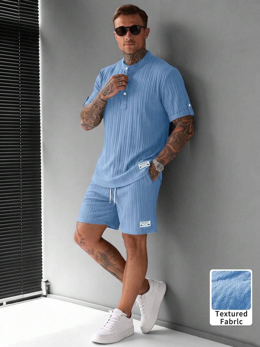 Men's Spring/Summer 3-Button Henley Collar Short Sleeve Shirt And Drawstring Shorts Solid Color Jacquard Casual Vacation Regular Fit Set - Baby Blue - View 1