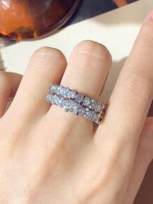 Fashion Minimalist Versatile Couple Rings 2pcs Set Premium Artificial Zirconia Inlaid Couple Ring Bands Suitable For Women's Daily Wear - Silver - View 2