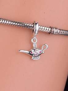 1pc S925 Sterling Silver Magic Lamp Pendant With Pink Zirconia Heart & Rhinestones, Large Hole, DIY Bracelet Charm, Fairy Tale Style Silver Accessory - Silver - View 4