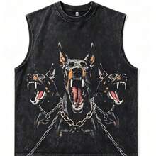 2026 New Arrival Summer Unisex Cerberus Doberman Graphic T-Shirt,Sleeve Tee, Gothic Three-Headed Dog Print Oversized Top For Streetwear - 黑色背心 - 查看 6