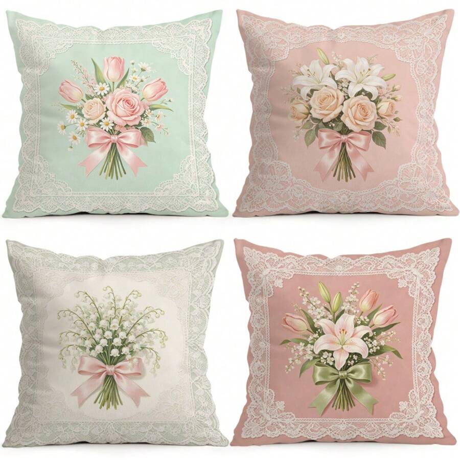 4pcs French Lace Border Floral Pattern Pillow Covers Without Inserts, Single-Sided Printed Pillow Covers, Suitable For Living Room Bedroom Home Decor, All Season Pillow Covers - Multicolor - View 1