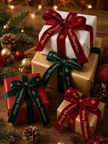 2pcs/2m Gold Merry Christmas Printed Ribbon, Luxury Metallic Fabric Satin Ribbon, Suitable For Gift Wrapping, Christmas Tree Decoration And DIY Bows, Holiday Craft Decoration Ribbon, Christmas Tree Decoration Ribbon, Gift Decoration Satin Ribbon, Christmas Wrapping Accessories - Christmas - View 5