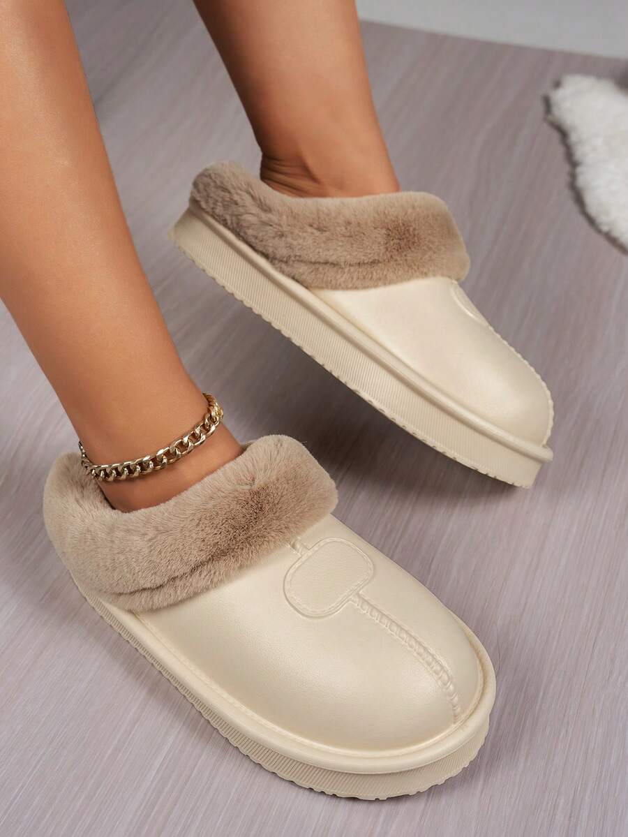 Women's Autumn/Winter Thick Sole Closed Toe Thermal Lined Slip-On House Slippers, Comfortable Warm Soft Indoor Plush Slippers