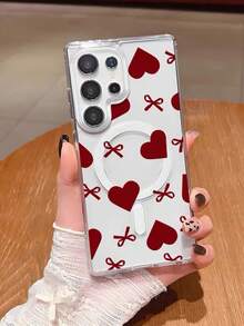 1 buah Casing Ponsel Transparan Magnetik Motif Hati Merah dan Pita, Casing Ponsel Anti Guncangan Perlindungan Penuh. Casing Pelindung Ponsel Android, Cocok untuk Model S21/22/23/24/25/PLUS/FE/U/S25PLUSS/25U/S25DEGE/S25FE, Hadiah Kembali ke Sekolah - Clear - View 1