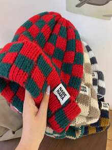 1pc Women's Autumn/Winter Warm Colorblock Checkerboard Knit Beanie, Oversized Fashionable Knitted Hat - Beanie - View 5