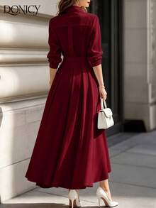 Gaun Kemeja Panjang Sedang Warna Merah Anggur, Gaun Pesta Pernikahan Elegan Wanita Berkerah Lengan 3/4 dengan Detail Kerut dan Pinggang yang Rapi, Model A-Line yang Mengalir - Burgundy - View 3