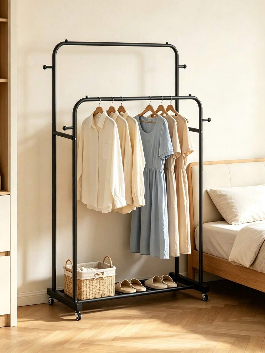 1pc Freestanding Mobile Clothes Rack. Double Hanging Rods Expand Garment Hanging Space. Equipped With A Bottom Storage Shelf And Universal Casters. Suitable For Both Drying And Storage In Bedrooms And Balconies. - A - View 1