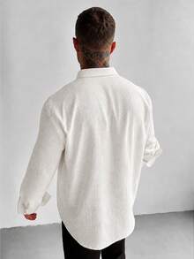 Men's Old Money Style Linen Blend White Textured Button-Up Loose Long Sleeve Shirt, Summer/Autumn Casual, Street, Work, Date, Office, Husband/Father - Beige - View 4