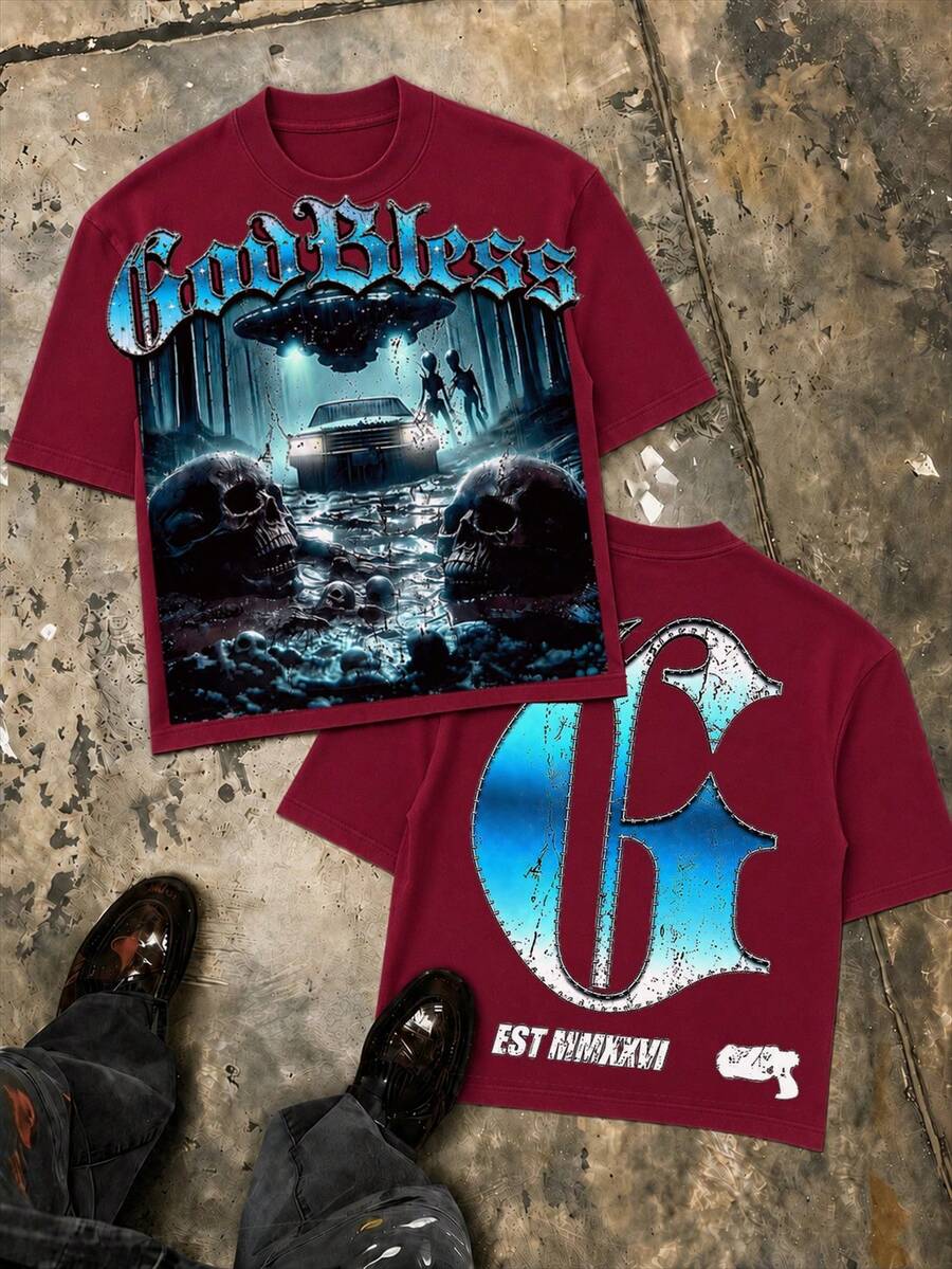 UFO Alien Double Sided Print Graphic Tee, Oversized Y2K Street Style Summer Outfit For Men, Independence Day - 勃根地色 - 查看 1