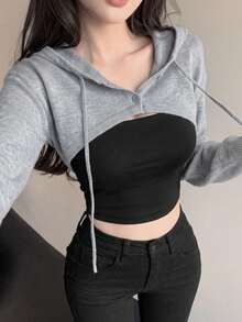 2026 Hot Girl Style Hooded Drawstring Ultra Short Knit Cover-Up, Loose Long Sleeve Cropped Cover Up Sweatshirt, Casual Layered Short Sweatshirt-Style Knit Top, Spring/Autumn/Winter Street Sweet & Cool Outfit, 18-35 Women's Outerwear - Gray - View 5