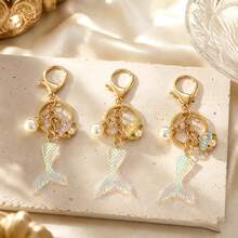 1件/3件 女款彩色美人魚尾吊飾，合金滴油鑲貝飾品，仿珍珠吊飾鑰匙圈，精緻包包掛飾 - 彩色 - 查看 7