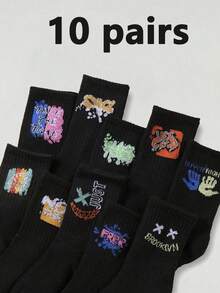 10 Pairs Random Graffiti Pattern Children's Socks, Black, Suitable For Daily Wear, Unisex - Multicolor - View 8