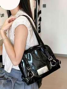 Korean Niche Design Bowling Underarm Shoulder Bag, Vintage Commuter Daily Outing Shopping Fashion Minimalist Large Capacity Bag - Black - View 2
