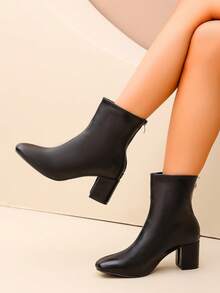 Black Velvet Square Toe Block Heel Ankle Booties Women Back Zipper Ankle Boots - Black - View 2