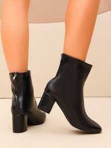 Black Velvet Square Toe Block Heel Ankle Booties Women Back Zipper Ankle Boots - Black - View 5