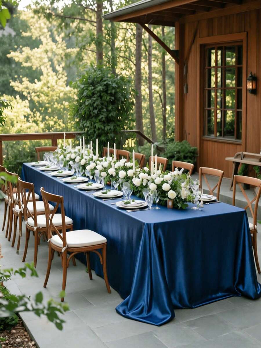 1pc Satin Tablecloth, Rectangular Tablecloth, Shiny Tablecloth, Smooth Material Tablecloth, Suitable For Christmas, Wedding, Party, Birthday Party Table Decoration (Navy Blue) - Multicolor - View 1