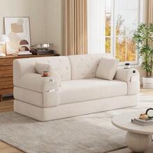 2-Seater Sofa Bed, Compressed Corduroy Sofa With High Backrest, Metal Frame, High-Density Foam - Beige - View 6