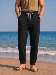 Men's Casual Versatile White Drawstring Elastic Waist Outdoor Black Sweatpants - Black - View 3