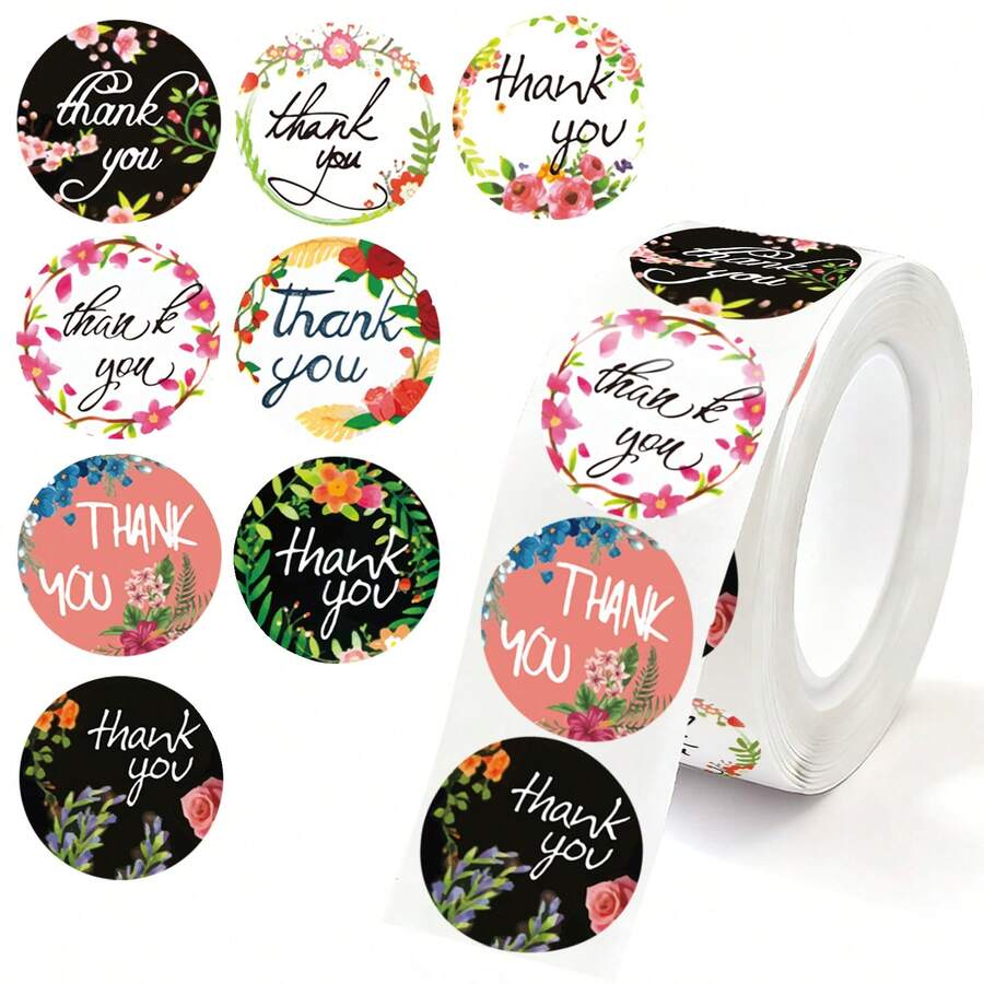 (500 piezas/rollo) Pegatinas de agradecimiento florales coloridas en rollo con mariposas y flores, pegatinas de agradecimiento coloridas adecuadas para pequeños negocios, autoadhesivas, simples y elegantes, pegatinas de sellado, etiquetas para sellar sobres, regalos de fiesta, etiquetas adhesivas, pegatinas decorativas - Dibujos animados - Ver 1