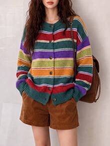 Women's Autumn/Winter Casual Colorful Thick Striped Knit Cardigan Jacket Fall - Multicolor - View 4