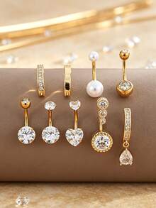 9pcs Stainless Steel Short Navel Rings Set With Faux Pearl, Heart, Water Drop, Geometric Zirconia Decor, Women's Body Piercing Jewelry For Daily Wear - Yellow Gold - View 1