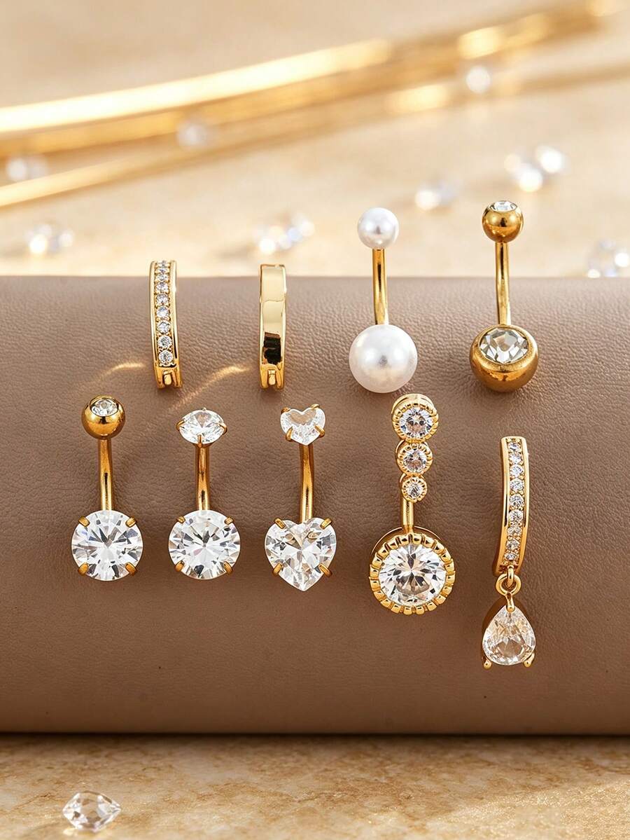 9pcs Stainless Steel Short Navel Rings Set With Faux Pearl, Heart, Water Drop, Geometric Zirconia Decor, Women's Body Piercing Jewelry For Daily Wear - Yellow Gold - View 1
