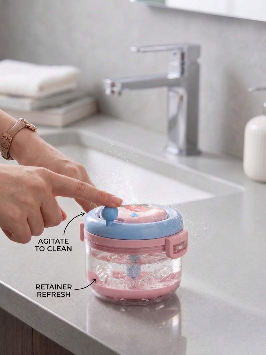 Dopamine 2-In-1 Manual Hand-Crank Denture Cleaner With Mirror, Children's Orthodontic Retainer And Denture Storage Box