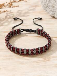 1pc Men's Double Layer Lava & Hematite Beaded Bracelet Adjustable Drawstring Vintage Casual Wrist Jewelry Gift For Men - Multicolor - View 3