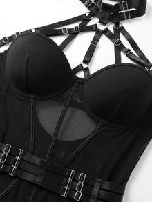 Women's Sexy Valentine's Day Lingerie, Pajama Set, 3-Piece Slim-Fitting Strappy Black Sheer Bodysuit, Mesh Patchwork Hollow Out Backless Bodysuit - 黑色 - 查看 5