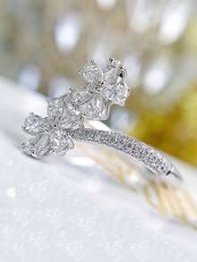 1pc Fashionable Luxury High-End Minimalist Versatile Open Ring With Artificial Zirconia Flower Design, Suitable For Women's Daily Wear - Silver - View 5