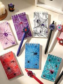 12pcs/Set Spider Web Notebook With Spider Web Pen, Spider Theme Fine Writing Tool Set, Suitable For Spider Party Decoration Guestbook, Halloween, Birthday Party Decoration Supplies, Can Be Used As Spider Party Gift, Random Style - Spider-themed Stationery Set - View 2