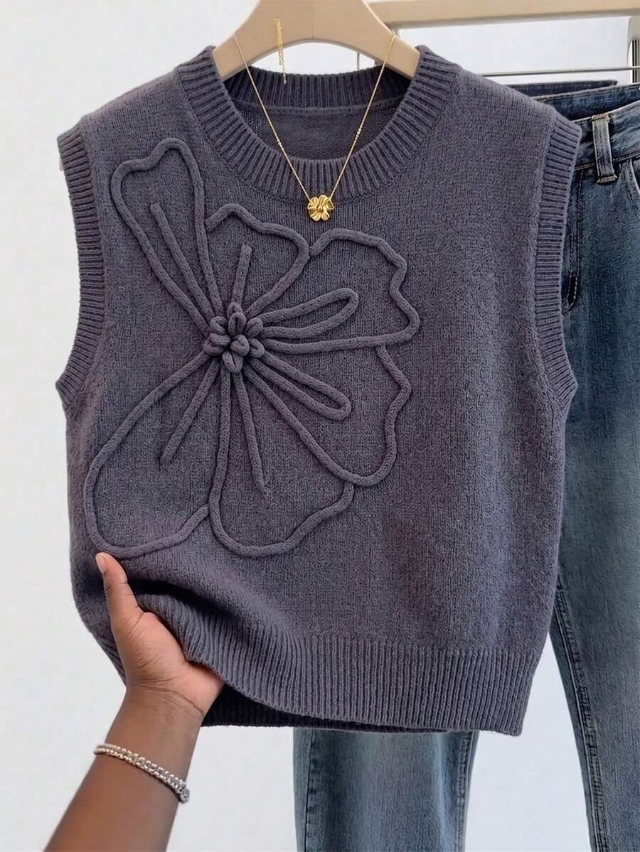 Girls' Grey 3D Floral Knit Vest, Spring/Autumn Round Neck Sleeveless Sweater, Versatile Layering Top For Big Girls - Grey - View 1
