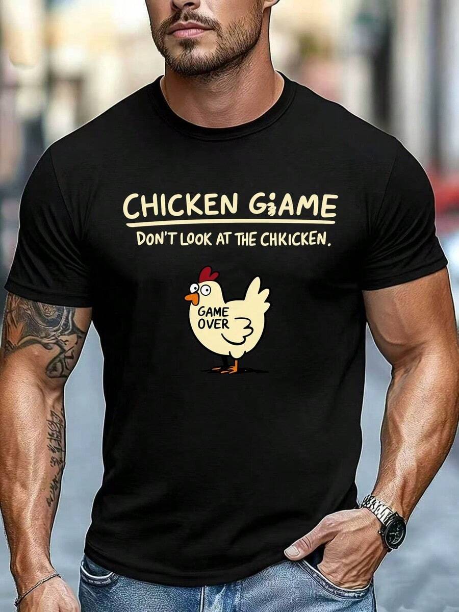 Men's T - Shirt Chicken Game Cartoon Chicken Graphic Crew Neck Casual Daily Tee - 黑色 - 查看 1