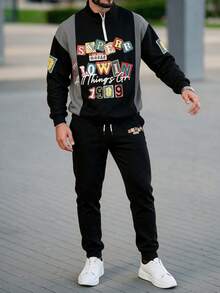 Men's Letter Print Long Sleeve Zip-Up Sweatshirt And Pants Set, Autumn - Multicolor - View 2