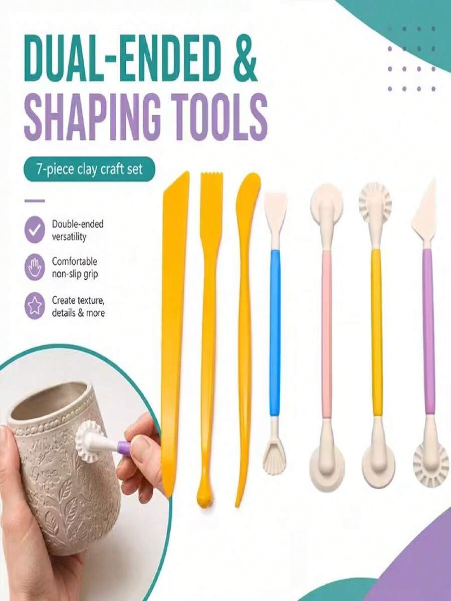 7Pcs Clay Modeling Tools Set Double Ended With Rolling Cutter PP For Sculpting Crafts - Multicolor - View 1
