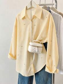 Women's Striped Color Block Shirt, Button Front, Casual Wear, Effortless Style Yellow, Smart Casual - Yellow - View 1