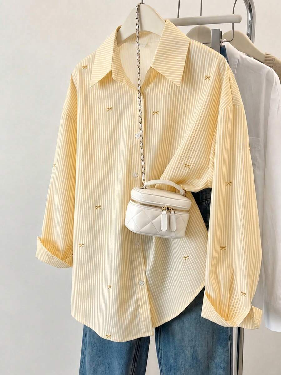 Women's Striped Color Block Shirt, Button Front, Casual Wear, Effortless Style Yellow, Smart Casual - Yellow - View 1