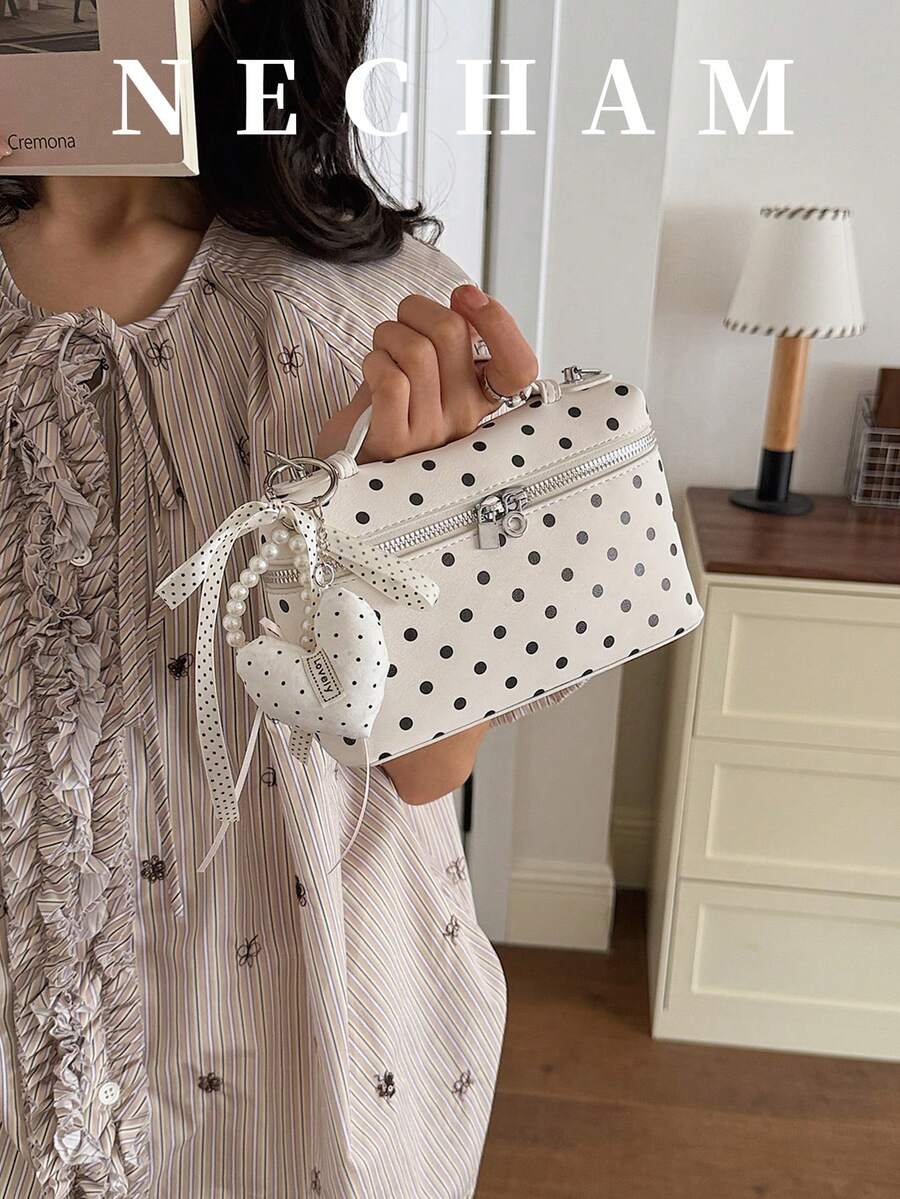 1 buah Tas Bekal Makan Siang Genggam Motif Polkadot Gaya Korea, Tas Bahu Harian Modis (Tanpa Liontin) - Putih - View 1