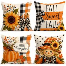 4 Stück Herbst-Kariert-Kürbis-Themen-Muster einseitig bedruckte Kissenbezüge/Kissenbezüge, Multi-Szenen-Atmosphären-Dekoration Kissenbezüge geeignet für Wohnzimmer, Sofa, Schlafzimmer, Kissenfüllungen nicht enthalten - Verschiedenfarbig - Übersicht 5