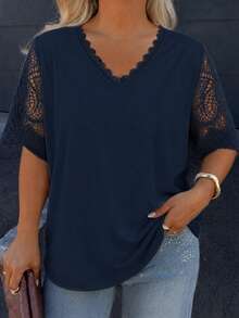 Plus Size Women's V-Neck Short Sleeve Lace Patchwork T-Shirt, Summer Casual - Navy Blue - View 4