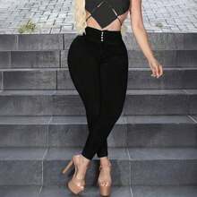 Women's Dark Wash Bodycon Skinny Plus Size Jeans High Stretch Denim With Stylish Front Buttons - Black - View 3